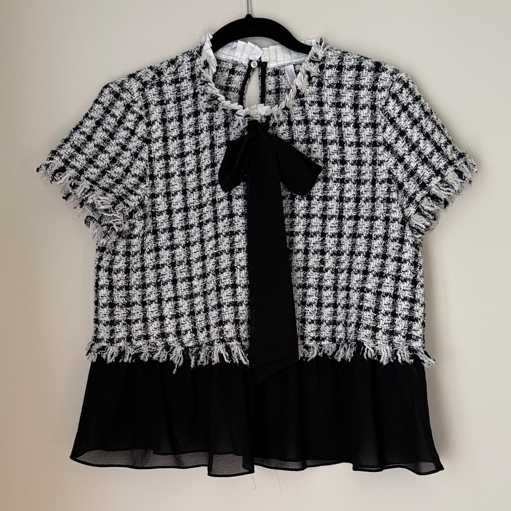 Zara Black and White Tweed Short Sleeve Blouse with Bow